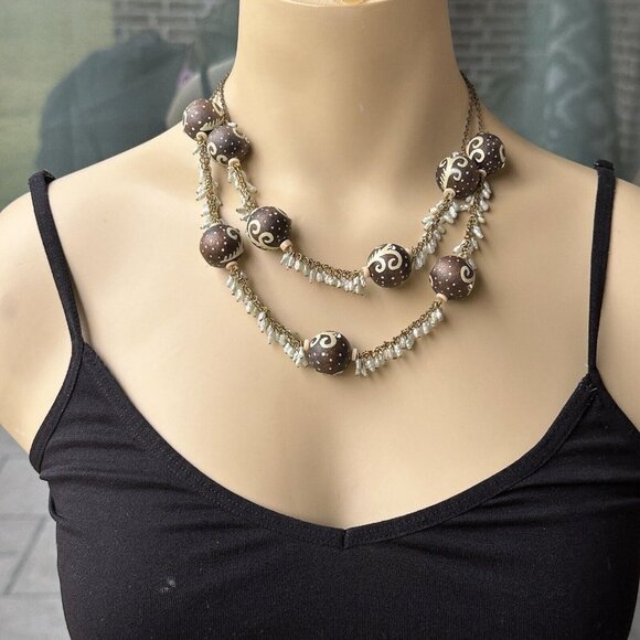 VTG Boho Chic Statement Necklace Beaded Rhinestones Mini Baroque Pearl 18" - Picture 2 of 9